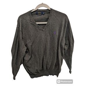 Polo‎ Ralph Lauren Sweater Pima Cotton V-Neck Men's Large Solid Gray Pony Logo